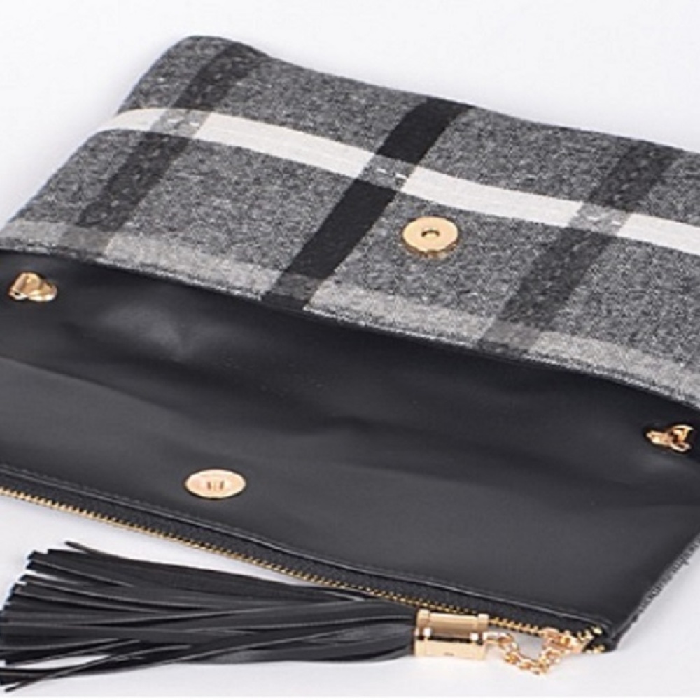 NEW Classic Gray Plaid Tweed Crossbody Bag Clutch - Picture 3 of 5